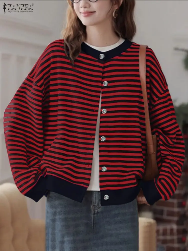 

ZANZEA 2025 FW женский полосатый кардиган, свитера, повседневный свитер с круглым вырезом и заниженными плечами, длинными рукавами, ленивый свитер, верхняя одежда в корейском стиле