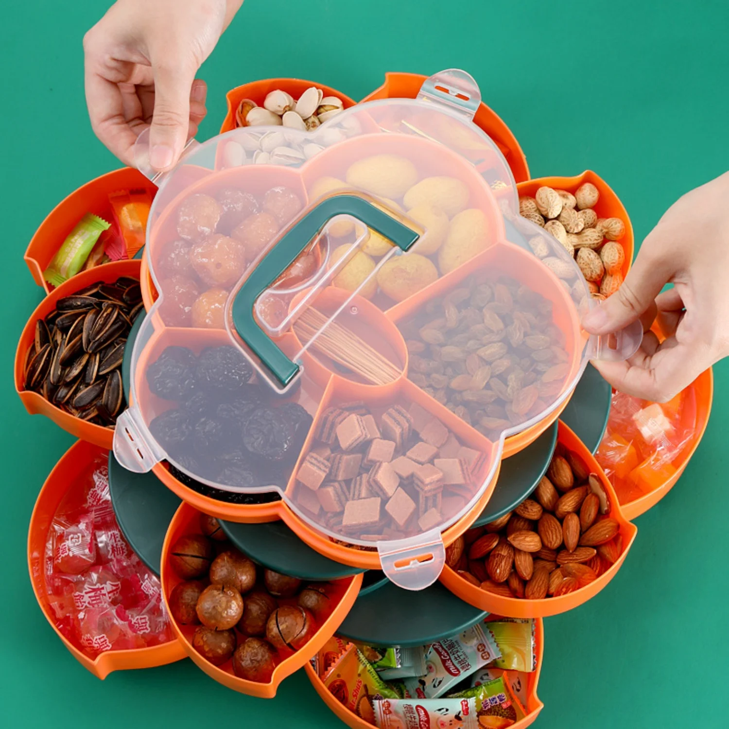 

2026 New Year Nut Tray Spring Festival Table Decor Tray For Fruit Nut Snack Creative Lotus Shaped Grid Fruit Tray Kitchen Decors