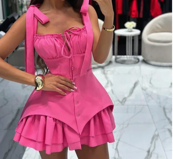 

Womens Dresses 2025 Summer New Solid Color Temperament Square Neck Shoulder Lace Up Irregular Hem A-Line Suspender Mini Dress