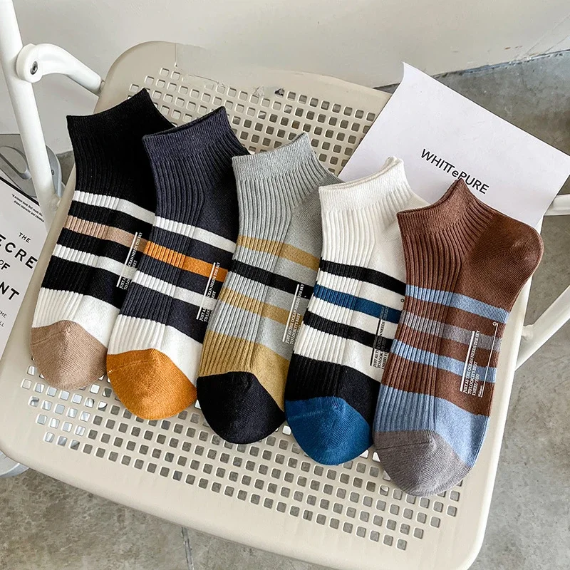 Men's cotton socks Japanese double-needle striped sweat-absorbing breathable leisure sports ins tide short socks