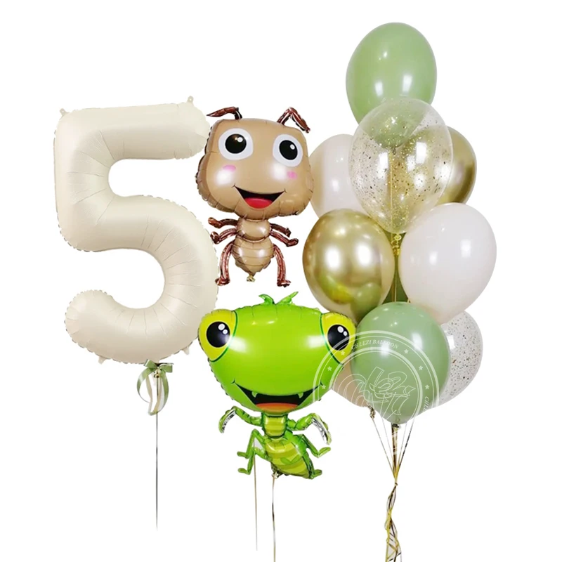 13pcs Ant Mantis Insect Balloons 40Inch Big Cream Number Foil Birthday Balloons 0-9 Happy Birthday Party Decorations Baby Shower