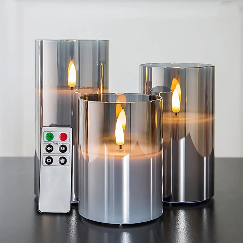 

Transparent Glass Flameless LED Candles with Remote, Battery Operated Flickering Pillar Set of 3