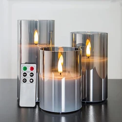 Transparent Glass Flameless LED Candles with Remote, Battery Operated Flickering Pillar Set of 3