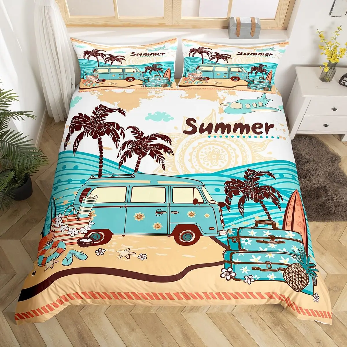 Palm Tree Duvet Cover Ocean Beach Themed Bedding Set Twin Full King Size Hawaiian Sunset Scenery Comforter Cover with Pillowcase
