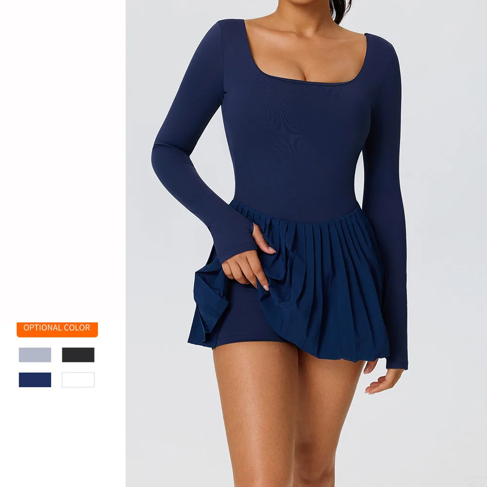 

Женский комбинезон для йоги с открытой спиной и длинными рукавами со встроенным бюстгальтером — утягивающее теннисное платье с высокой талией