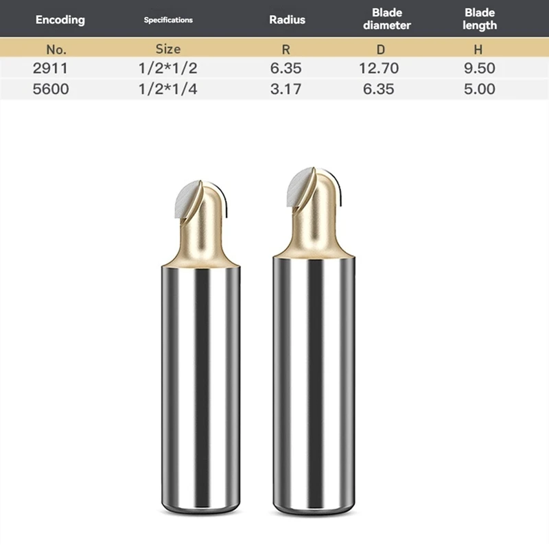 2PCS 1/2*1/4Inch 1/2*1/2Inch Ball Nose Router Bit Round Milling Cutter For Wood CNC Radius Core Box Bit Tools