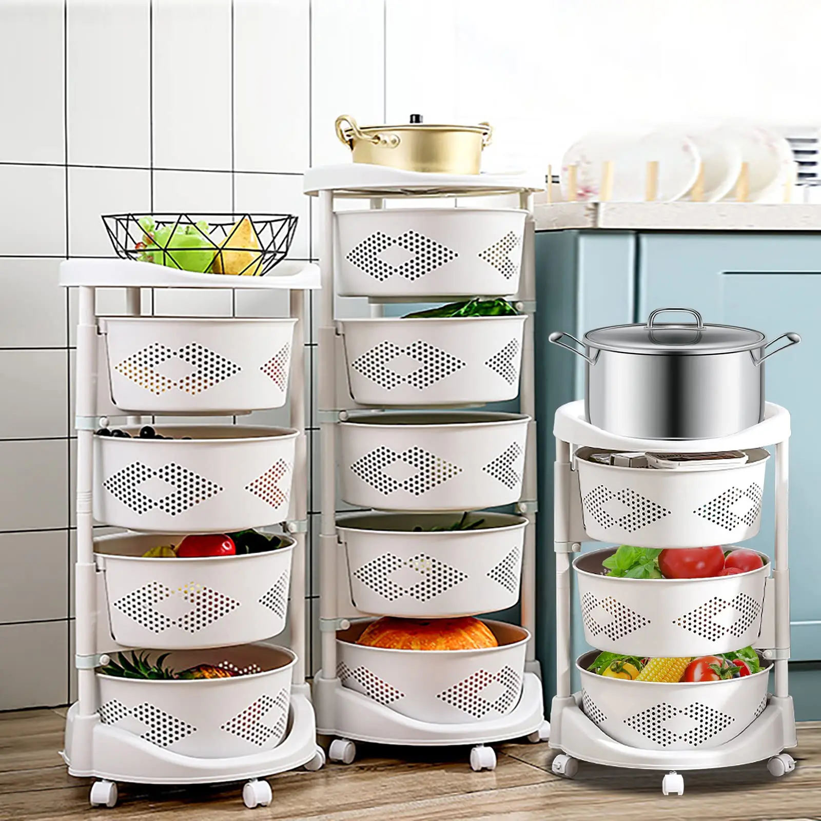 

4 Tier Kitchen Storage Cart Multi-Layer Storage Basket with Wheels Kitchen Fruit & Vegetable Storage Rack Rolling Storage Cart f
