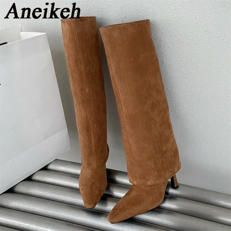 Aneikeh Winter Fashion High-heeled Boots with Side Zippers Pointed Tips Long Leg Boots Suede Turned-over Edge Boots