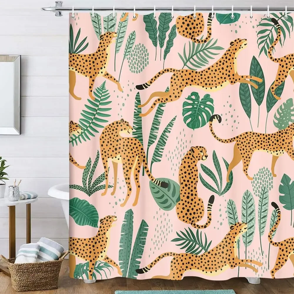 Tropical Leopard Print Shower Curtain Bathroom Decor Jungle Safari Animal Pattern Waterproof Shower Curtain Liner