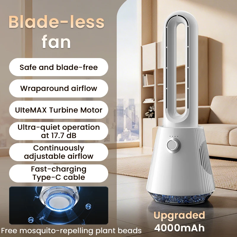 Bladeless Rechargeable Electric Floor Standing Tower Fan Child Safety 3000mAh Household Cooling Air Cooler