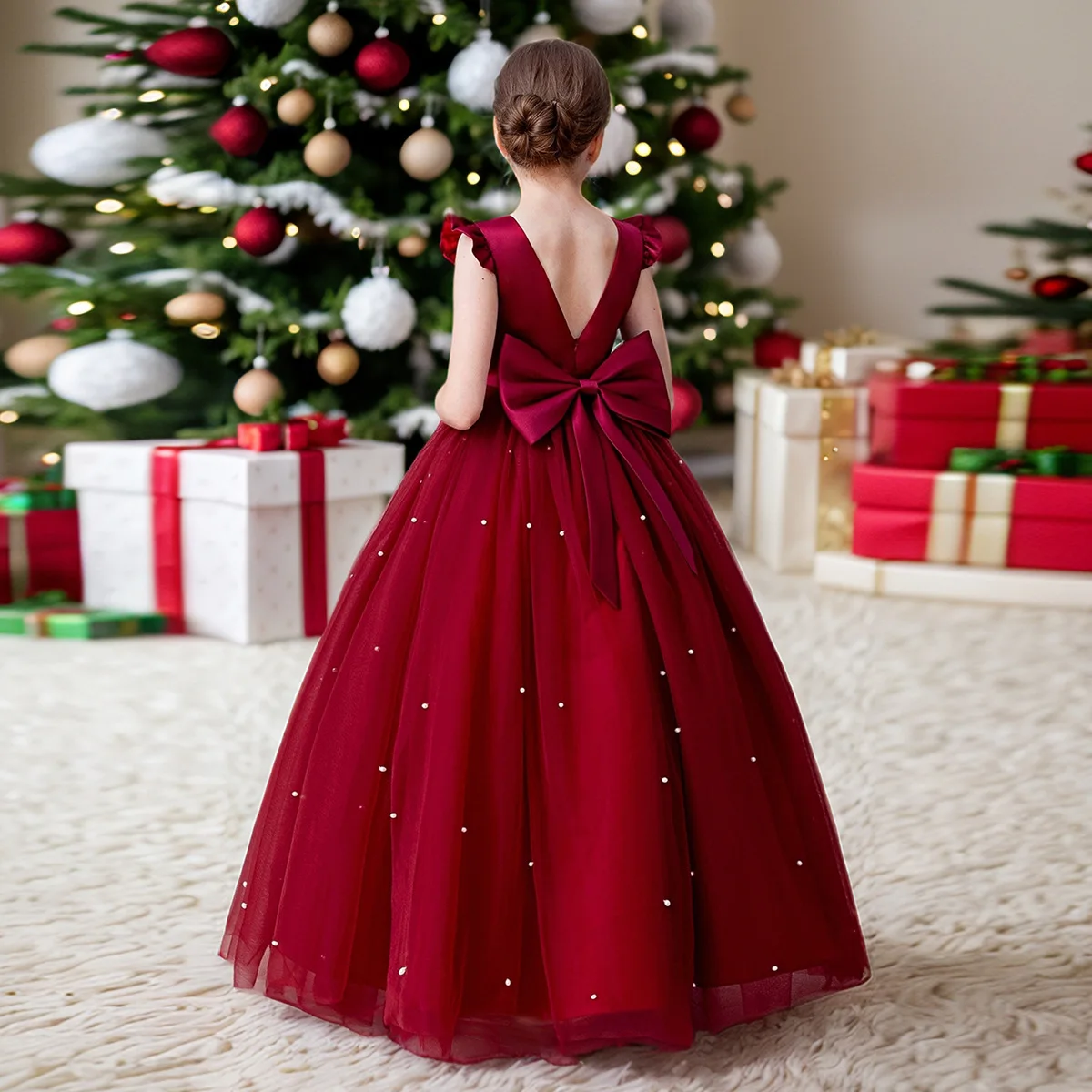 Backless Elegant Evening Dress Girl Princess Dress Christmas Red Dress Girls Party Dresses Birthday Gifts Children Wedding Dress