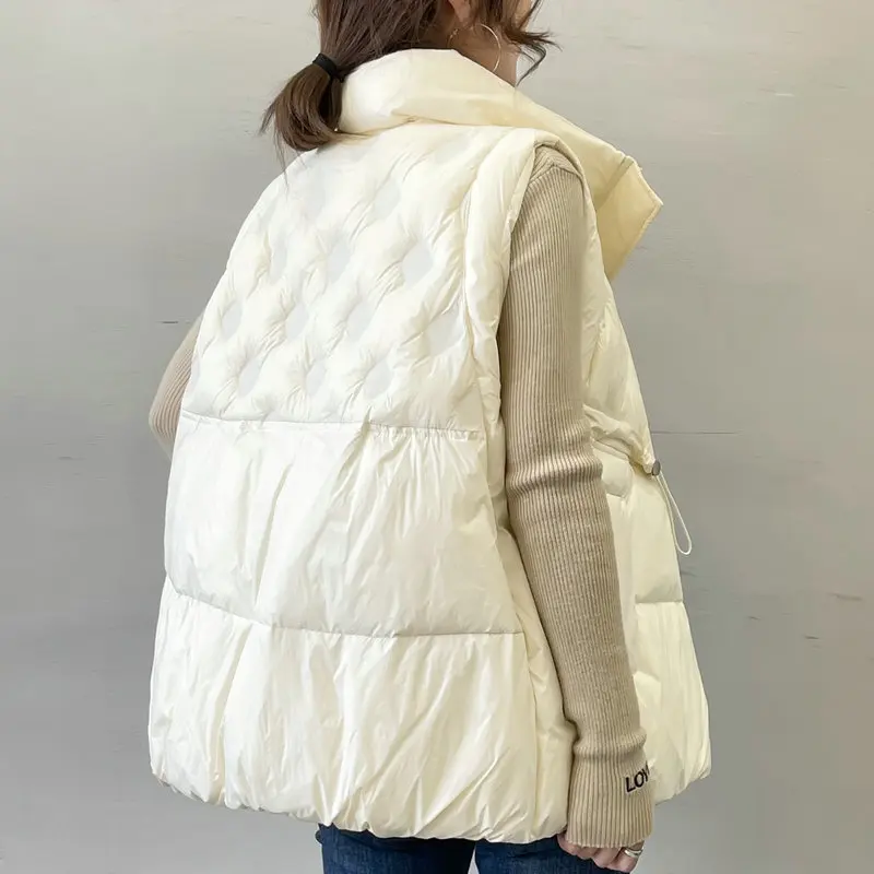 Chaleco de plumón de pato blanco con cordón para mujer, parka sin mangas, gruesa, cálida, de gran tamaño, Otoño e Invierno