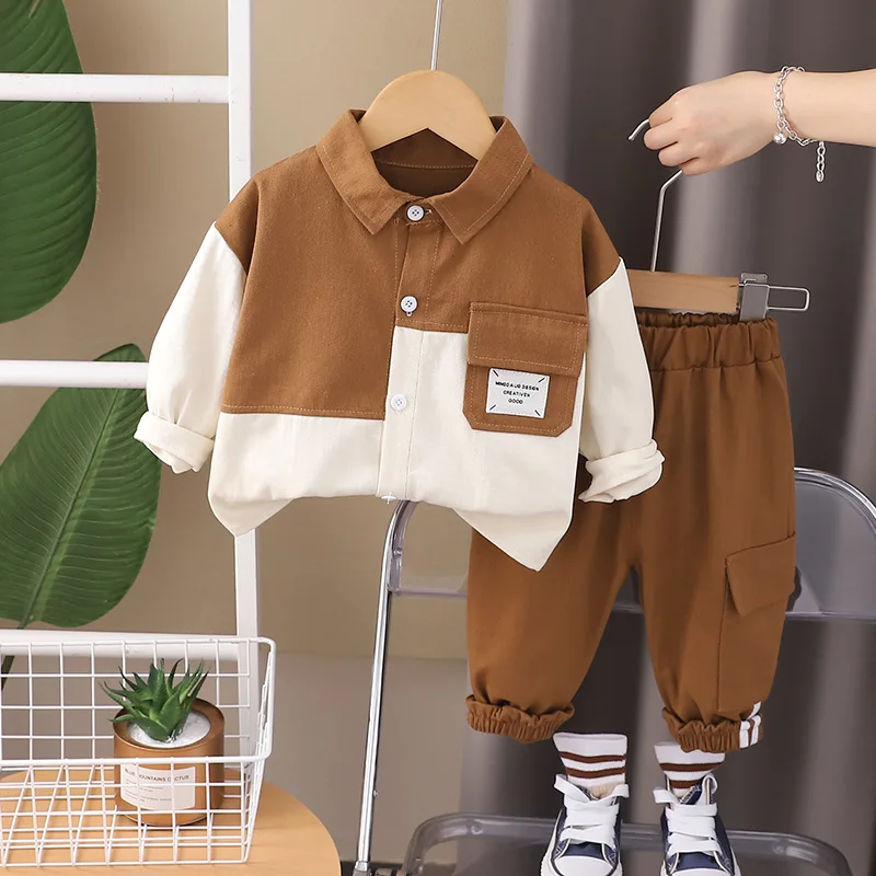 Spring Autumn Children Clothing Set Baby Boys Patchwork Lapel Shirt + Cargo Pants 2Pcs For 1-5 Years Kids Casual Tracksuit  789