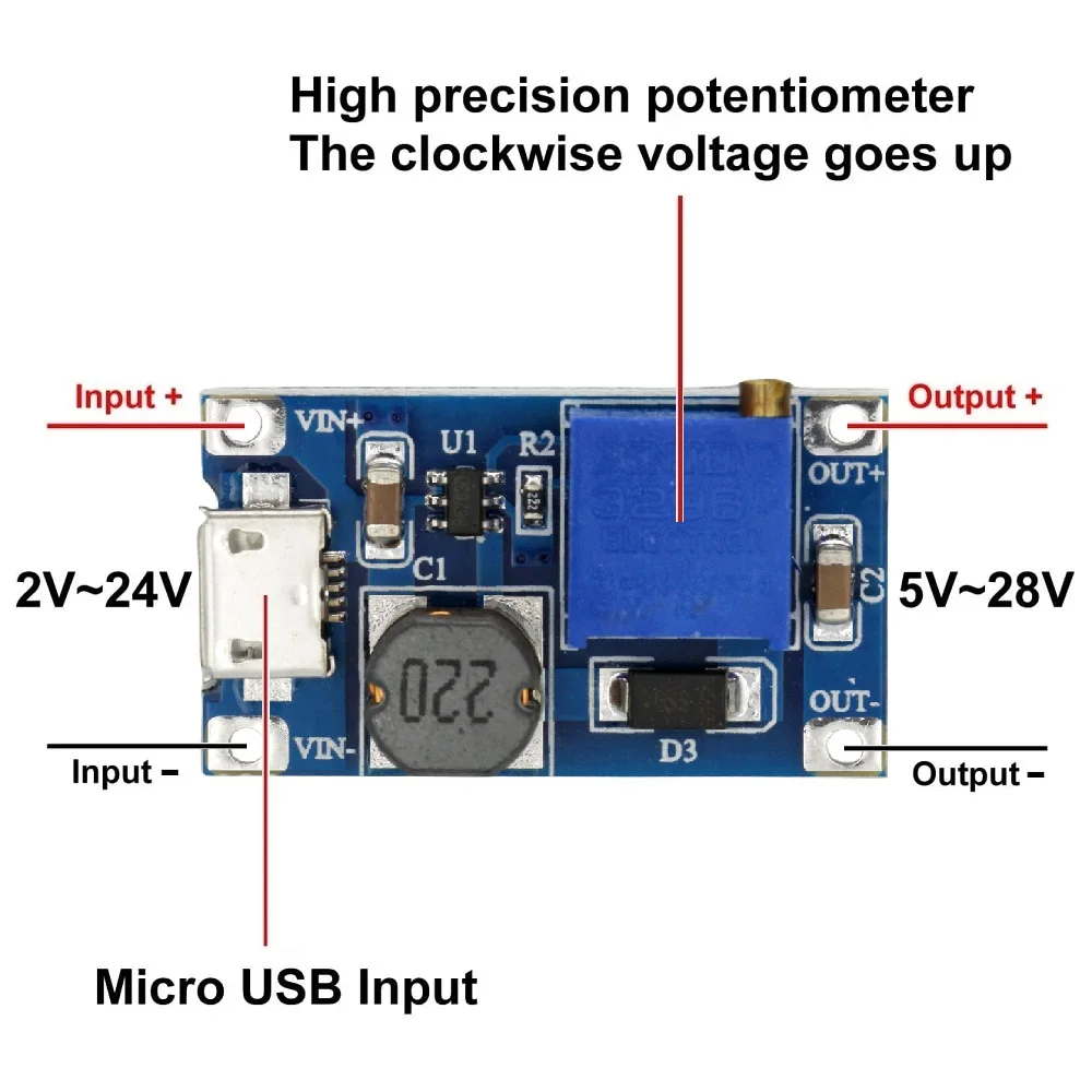 MT3608 DC-DC Step Up Adjustable Boost Module 2A Power Supply Booster Module With Micro USB 2V-24V to 5V 9V 12V 28V for Arduino