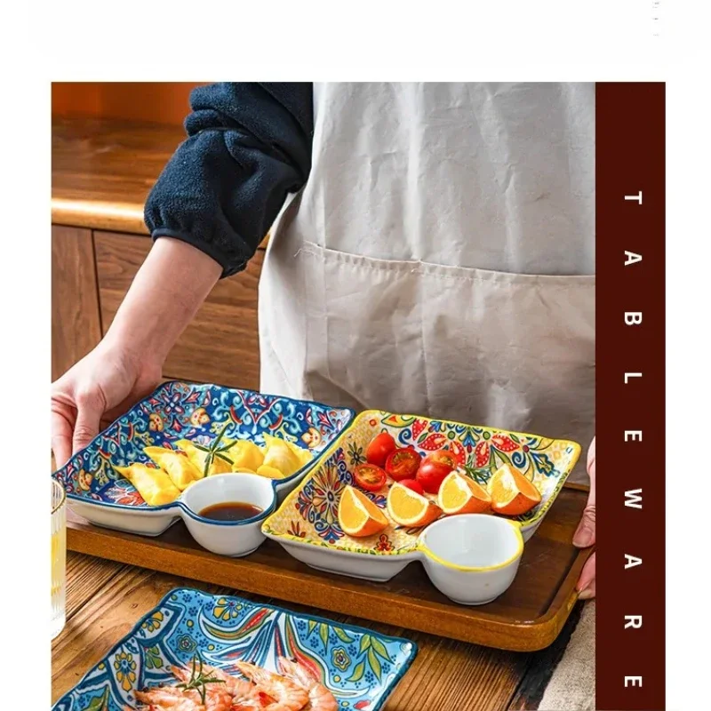 Dumpling Plate with Dipping Sauce Plate Ceramic Household Creative High-Appearance Level Tableware Divided Breakfast Fruit Plate
