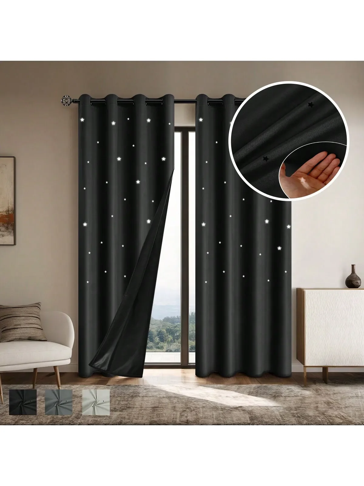 1pc Romantic Hollow Star Blackout Curtains, Full Light Blocking Textured Window Curtains for Bedroom, Living Room