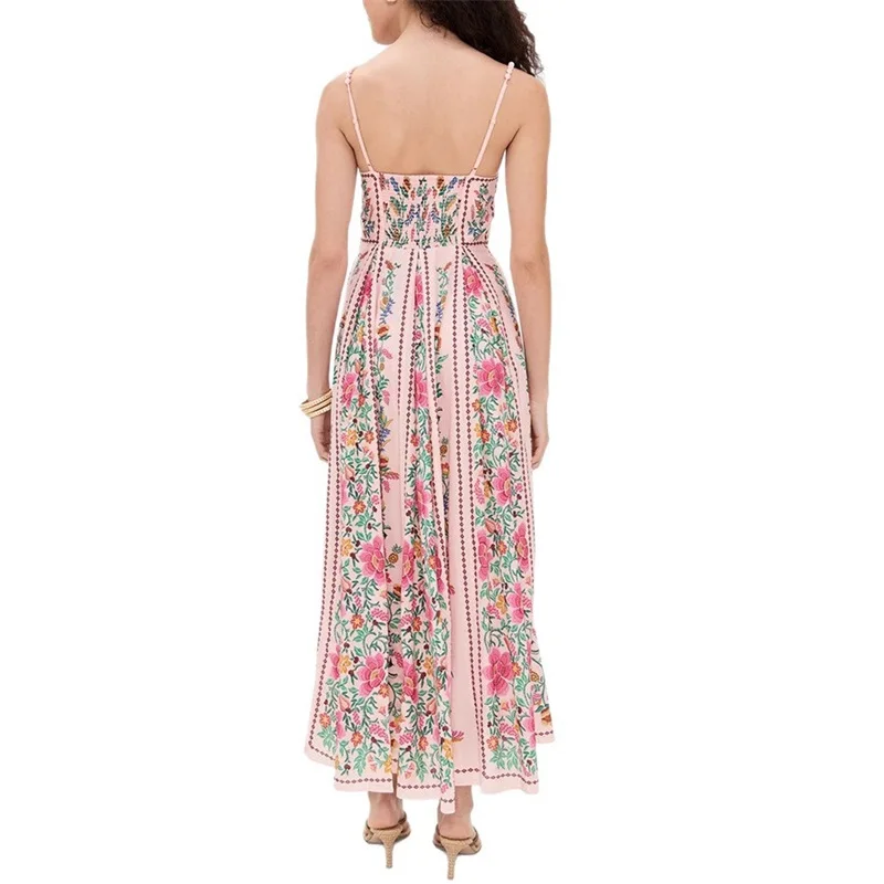 Combhasaki Women Adjustable Thin Beading Spaghetti Strap Smocked Backless Floral Print Summer Swing A-line Slip Party Long Dress