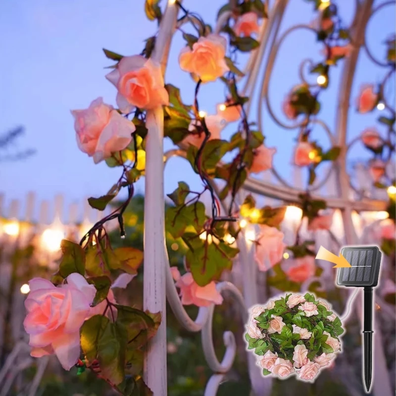 

Outdoor Pink Rose LED Solar Light 2M/5M/10M Artificial Flower Hang String Light Christmas Patio Party Decor Garland Fairy Lights