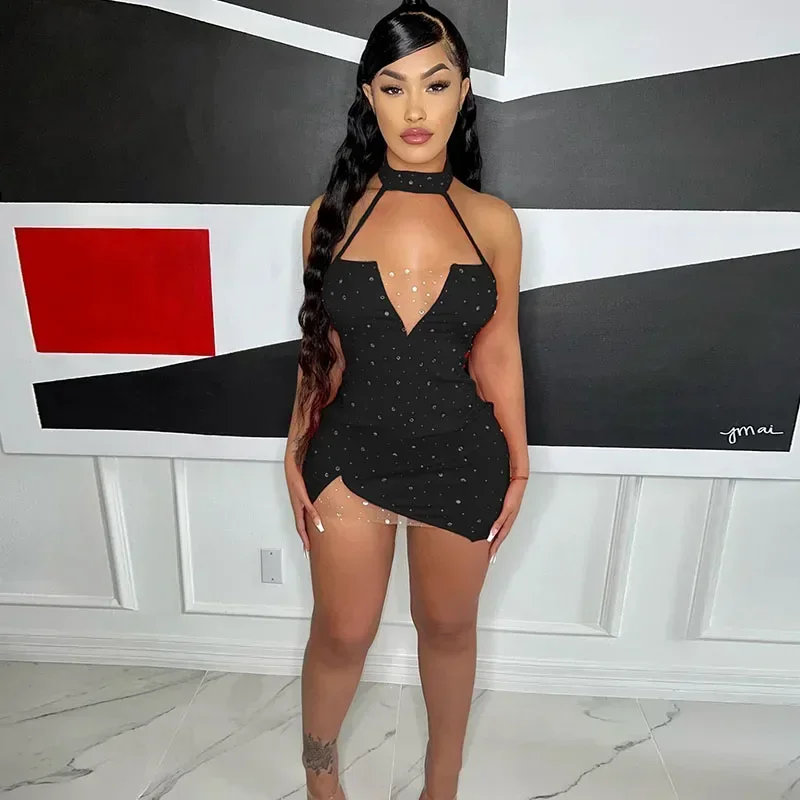 GUWU Glitter คริสตัล Rhinestones ชุดวันเกิดเซ็กซี่ผู้หญิง Sheer ตาข่าย Patchwork Halter Backless Night Club Mini Party Dresses