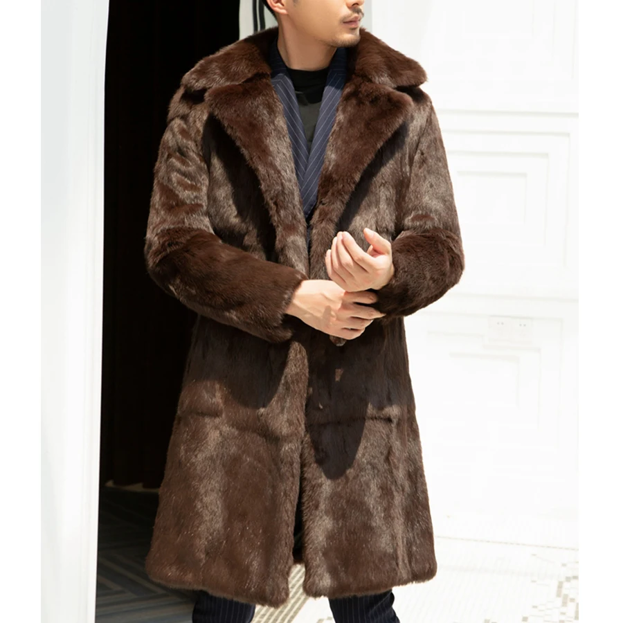 Mens Real Rabbit Fur Coats Suit Collar Best Selling Warm Winter Fur Black Coat 2023 Men's Long Jackets