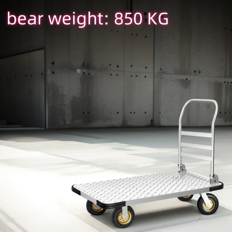 Steel Plate Folding Small Cart, Flat Cart, Thickened Silent Heavy Warehouse Handcart, Household Cargo Pulling Tool Small Trailer