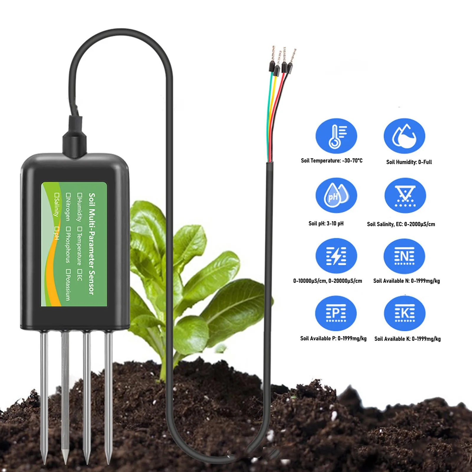 

8 in 1 Soil Tester IP68 Water Proof Soil Temperature Humidity EC PH NPK Salinity Sensor W/ Stainless Steel Probes for Greenhouse
