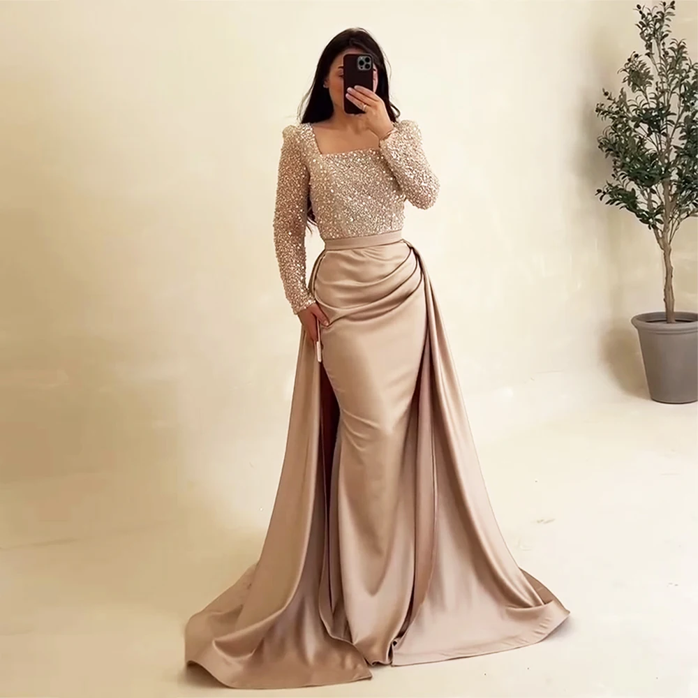 Elegant Mermaid Satin Evening Dress for Women Detachable Train 2024 Long Sleeves Bead Formal Prom Wedding Party Gown Customized