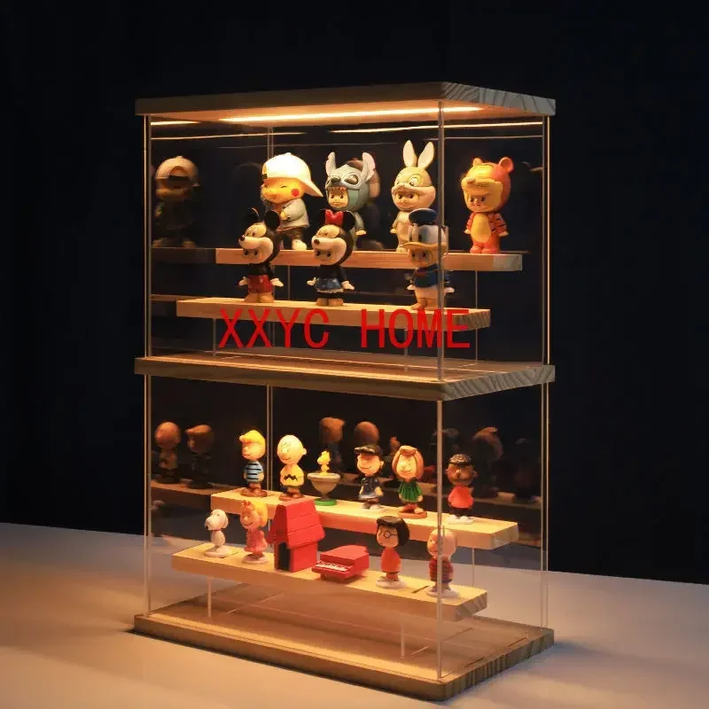 

3 Tier Riser Display Stand Case Led Light Clear Acrylic Showcase with Wooden Shelves Storage Box Figure Riser Perfume Displaying