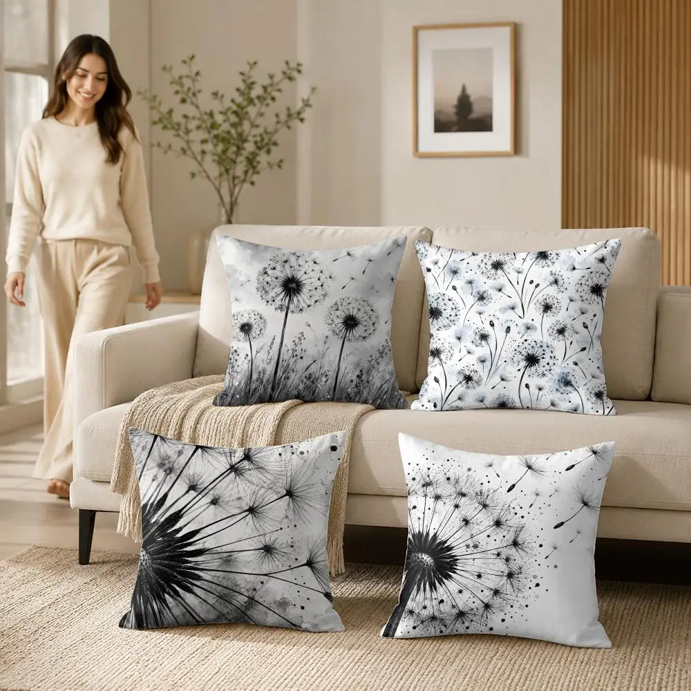 Monochrome Dandelion Art Cushion Cover 1/4Pcs Soft Plush Throw Pillow Cover Double-Sided Print Sofa Living Room Decor