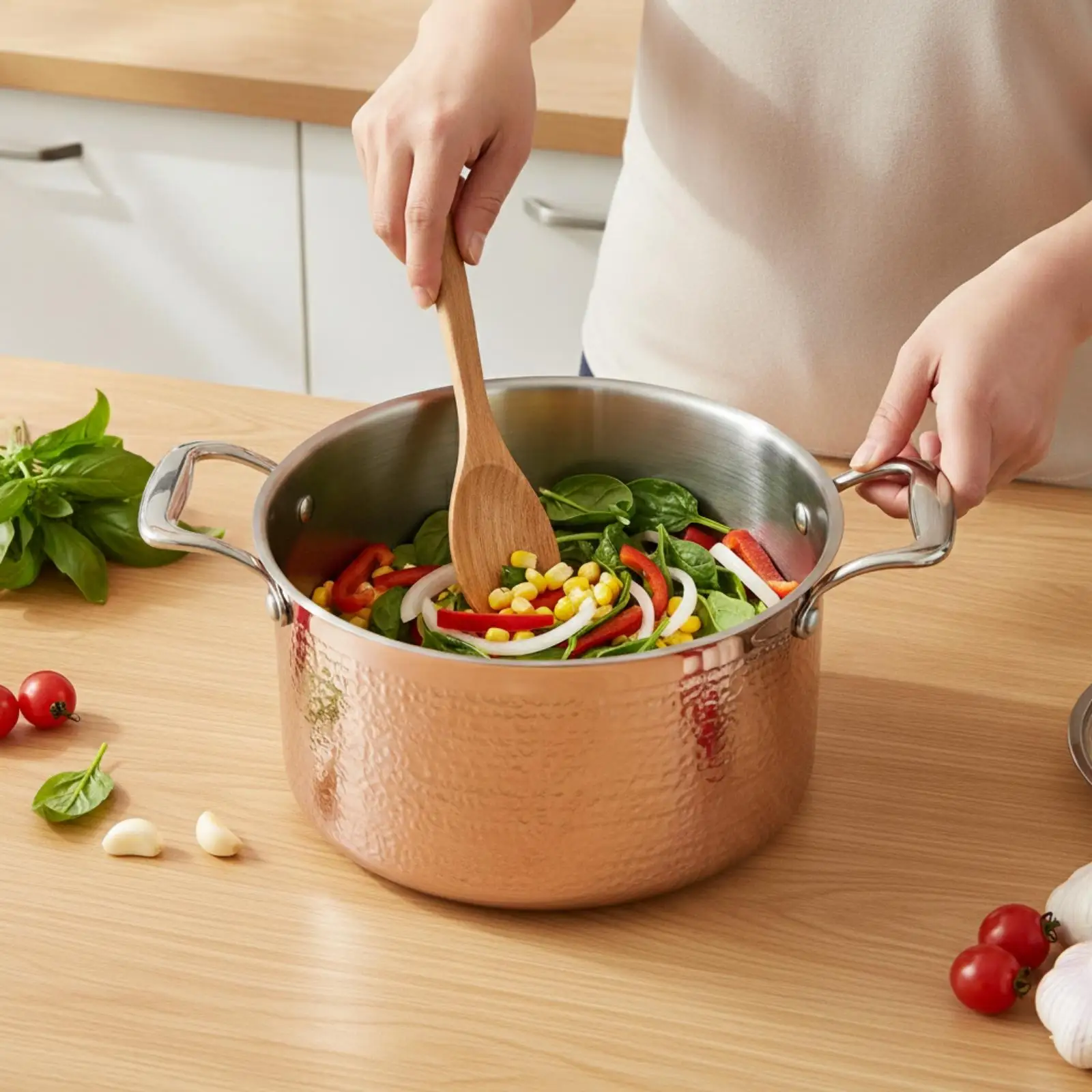 Elegant Hammered Cooking Pan Copper Rose Steel Pot with Lid for Simmering Sauces on Ceramic Stove