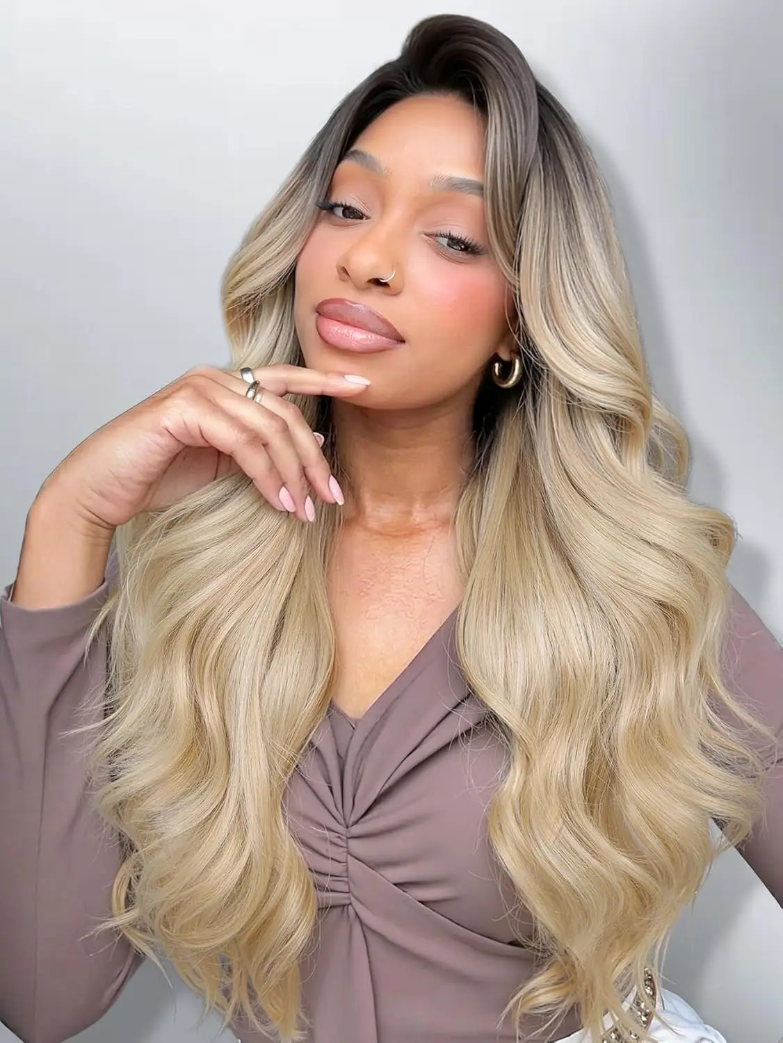 13x4x1 Lace Front Synthetic Wig Dark Root Ombre Blonde Body Wave 26Inch Heat Resistant Pre‑plucked Long Curly Wig For Women