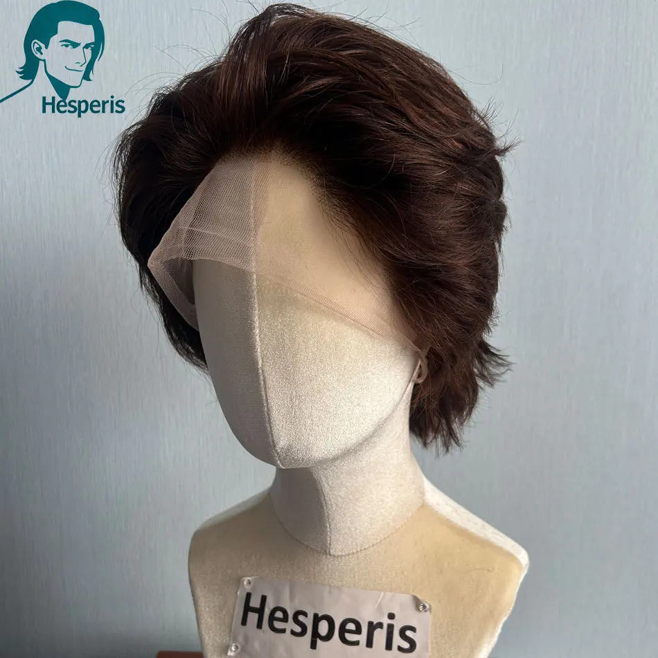 Hesperis Brown Short Cut Human Hair Wig for Men Pre-Styled Glueless Transparent Full Lace Daily Wear Wig Headsome