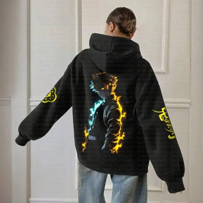 Kimetsu No Yaiba للجنسين هوديي شيطان القاتل مزيج القطن مقنعين البلوز تنفس الدافئة فضفاضة تناسب المشي لمسافات طويلة الطرف #3