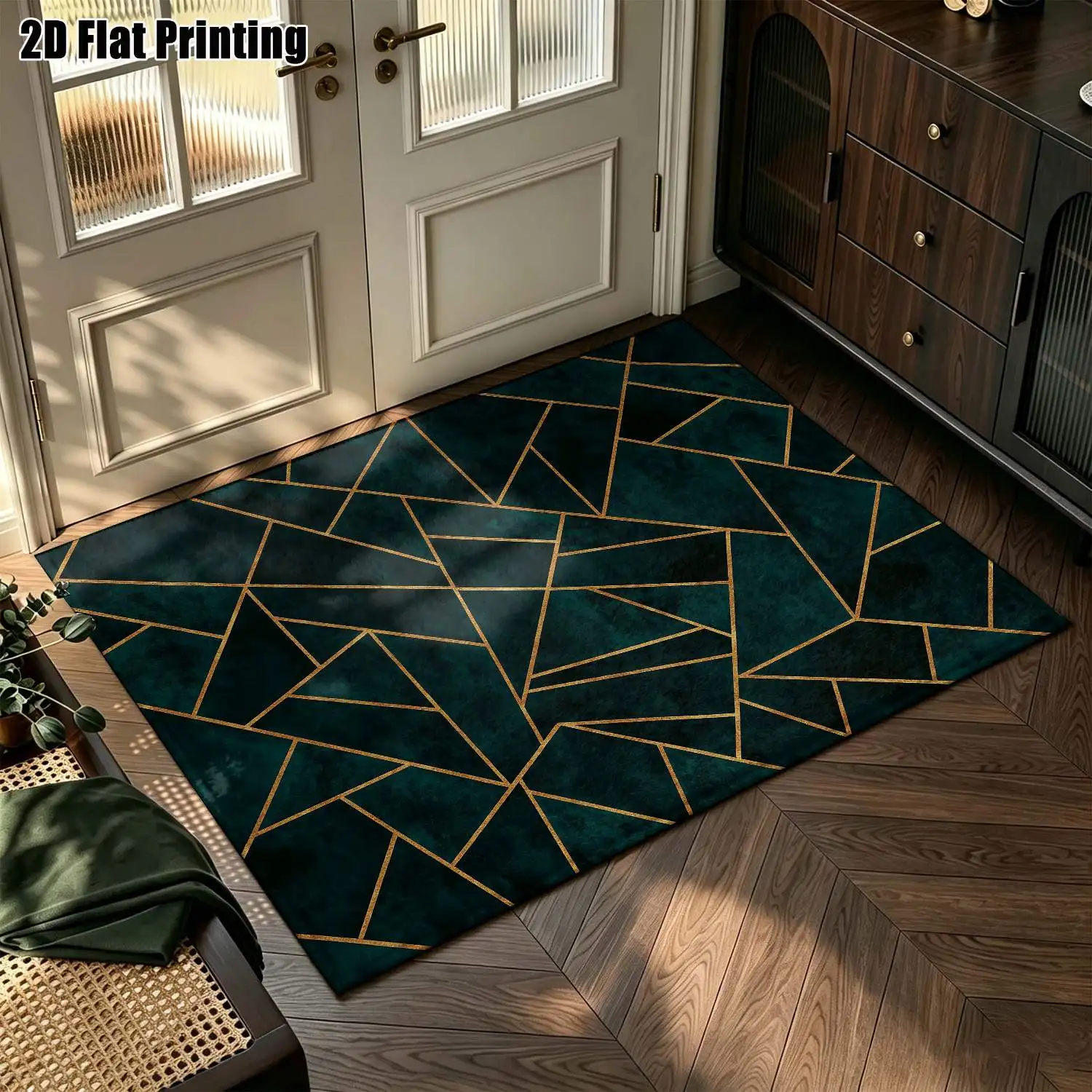 1Pc 2D Printed Dark Green Geometric Line Pattern Nordic/Instagram Style Carpet, Modern Minimalist Retro European Floor Mat, Machine Washable, Multi-Size, for Home Decor, Entrance/Dining/Foyer/Living Room/Bedroom
