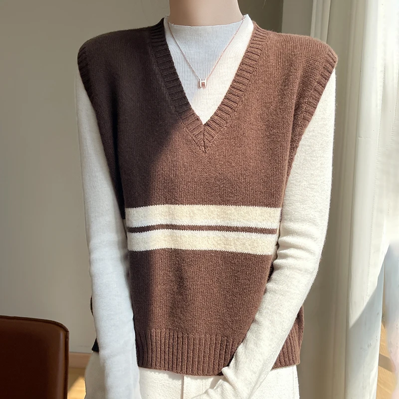 Autumn Winter Women's 100% Merino Wool Knit Vest V‑Neck Striped Pattern Youthful Casual Sleeveless Sweater Vest Grace Waistcoat