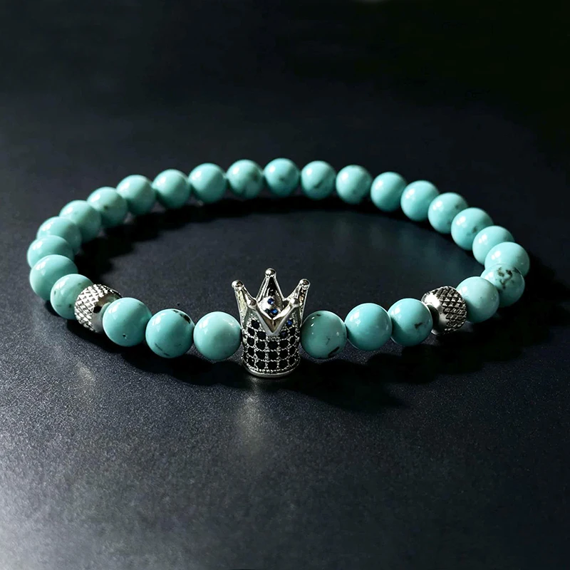 Luxury Natural Turquoise Stone Crown Leopard Head Charms Men Beaded Bracelets Jewelry Gift
