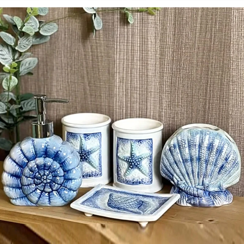 Blue conch ceramic bathroom 5-piece set Hand sanitizer bottle cup toothbrush holder Soap dish toiletry