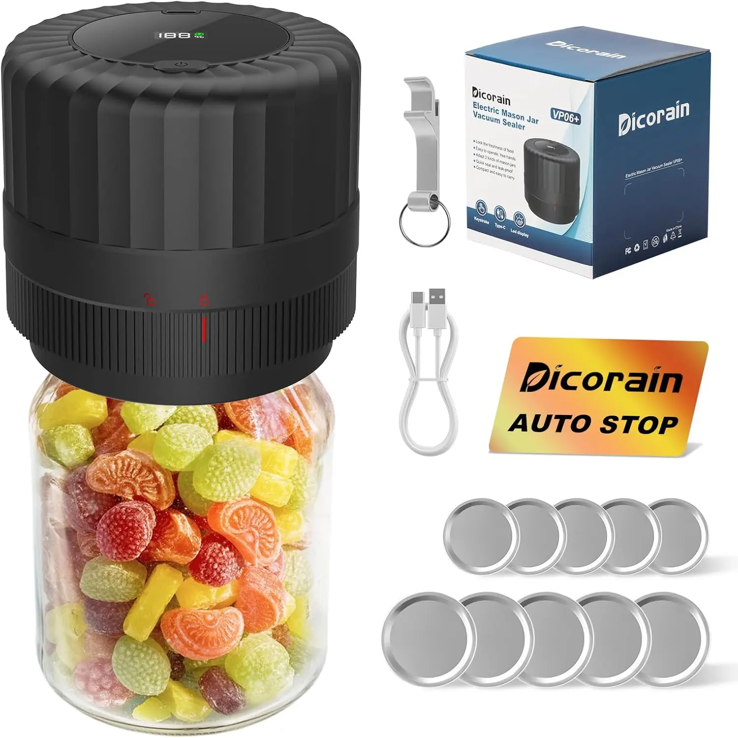 

Electric Mason Jar Vacuum Sealer Kit with Opener, Automatic Wide and Regular Mouth, 5 Lid Pairs