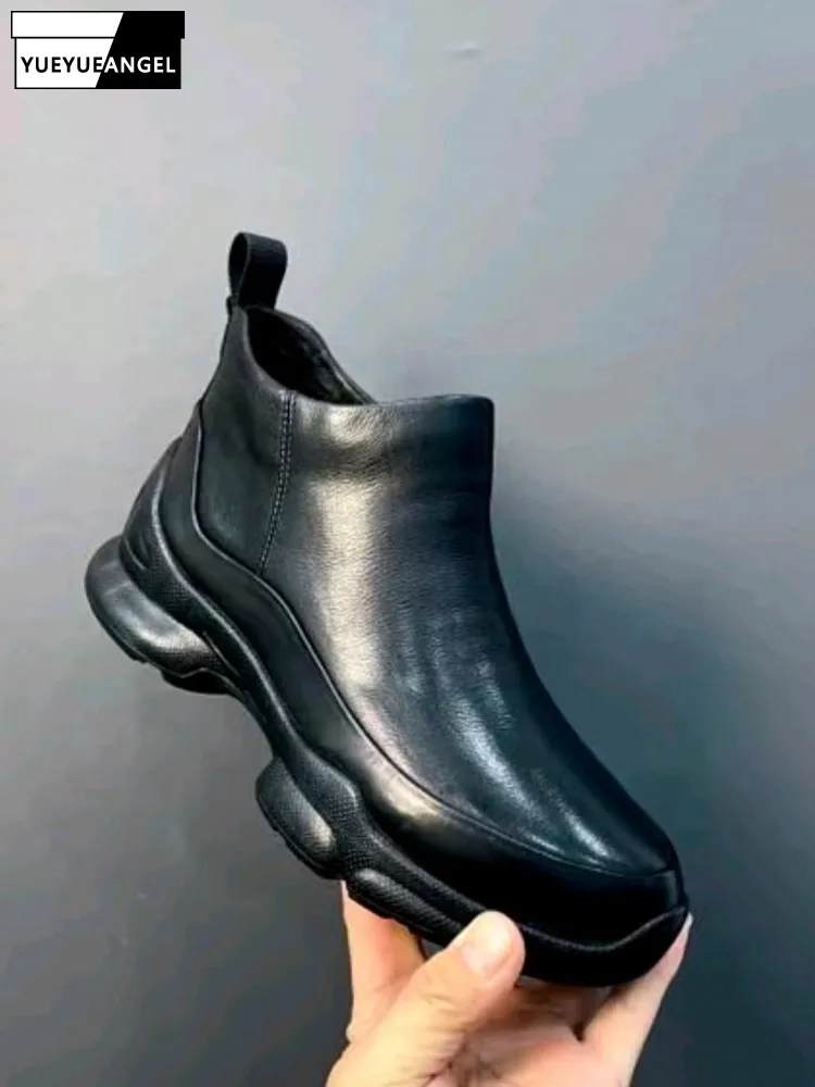 

Men Genuine Cowhide Shoes Comfortable Business Casual Sneakers Side Zipper Black Leather Footwear Round Toe Block Heels Shoes