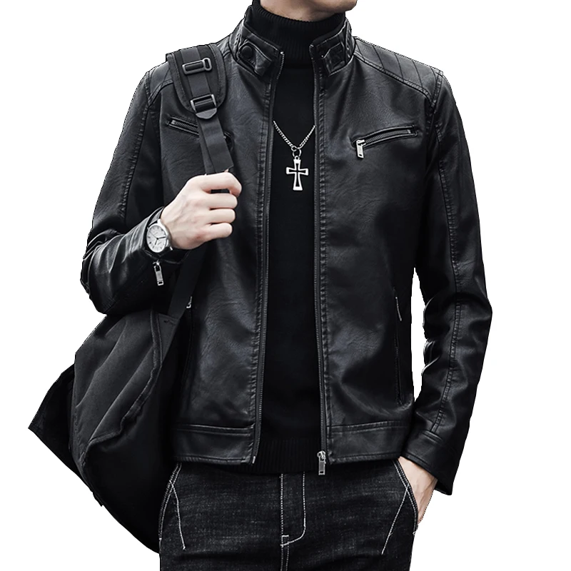 Motorcycle Sequined Jacket Mens Slim Fit Short-Coat PU Jackets Winter Autumn Zipper Stand Collar Windproof Leather Coat T739