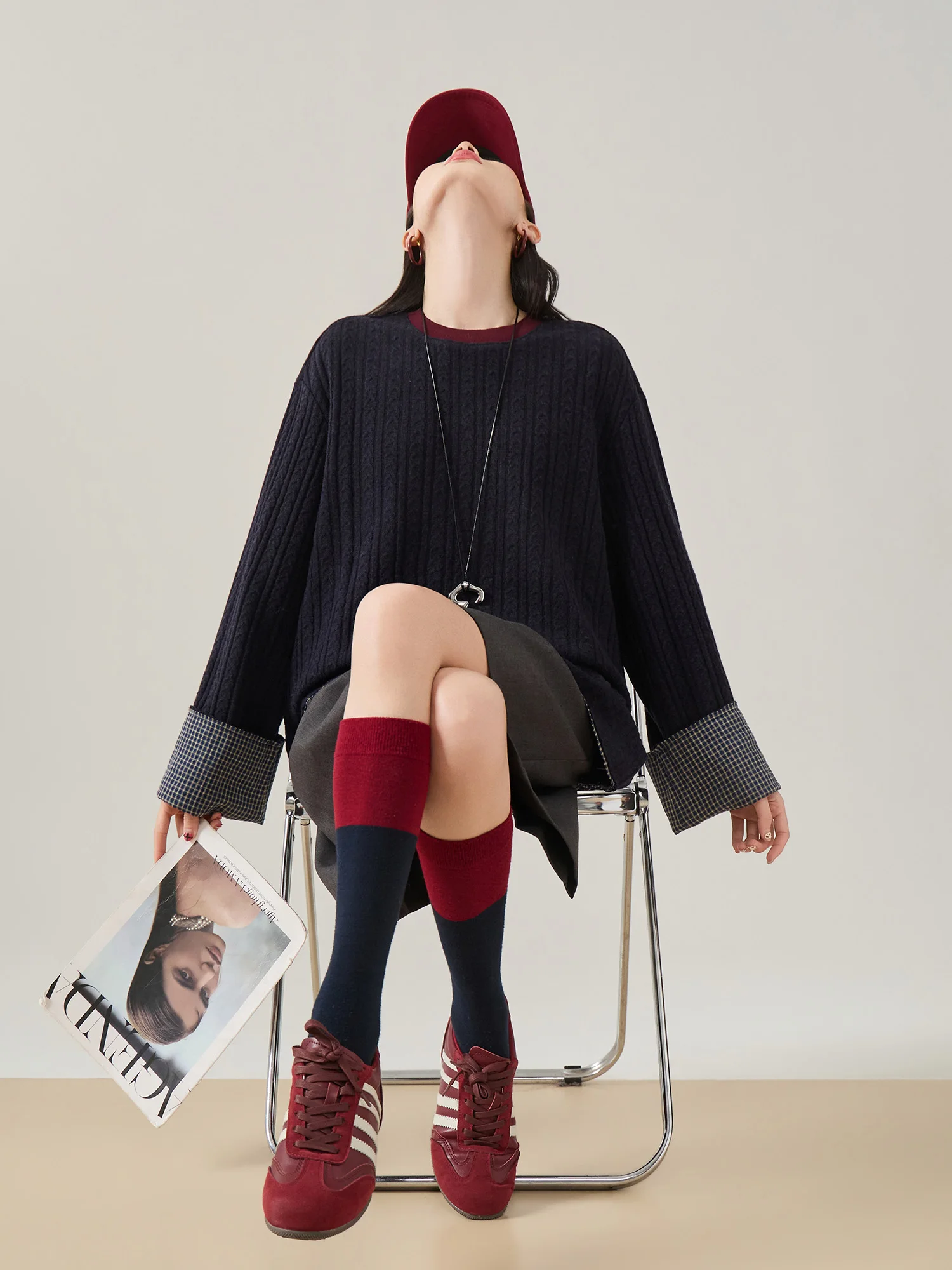 

Retro Knitted Sweater Women's Spring New Sle Turn-up Cuff Design Polka Dot round Ne Sweater Trendy Polyester Fiber Long S...