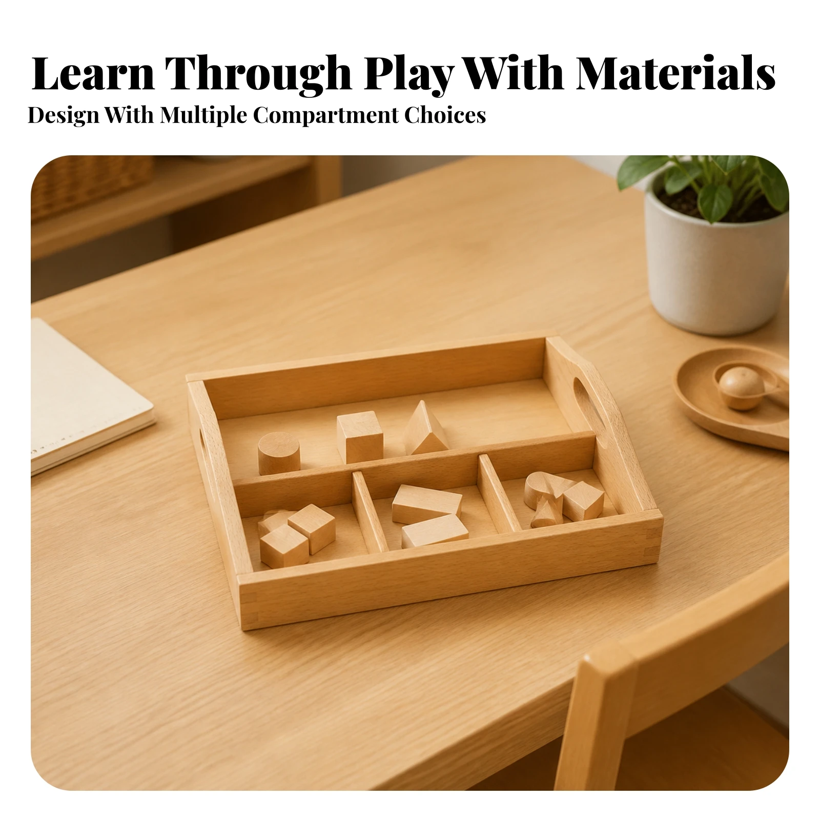 Beech Wood Sorting Tray with Compartments Kindergarten Wooden Sorting Tray with Carrying Handles Toddler Sturdy for Preschoolers