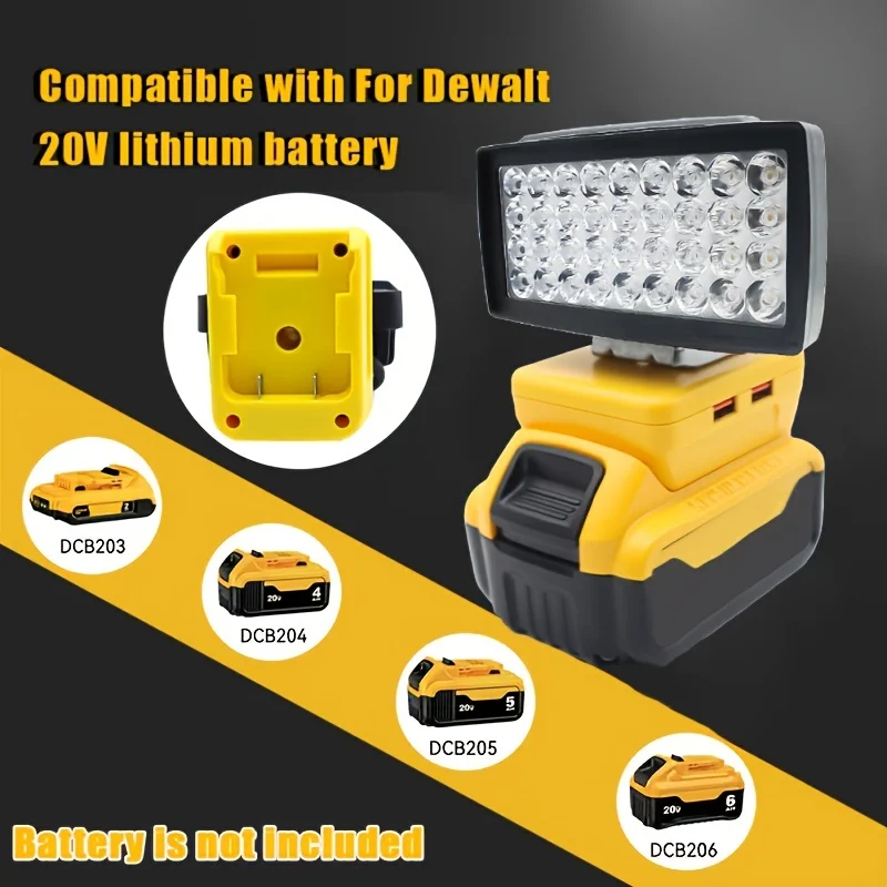 Flood Work Light 72LED 2000LM for DeWalt LED 18V/20V/60V MAX Lithium Battery Light with Low Voltage Protection, Dual USB qc3.0