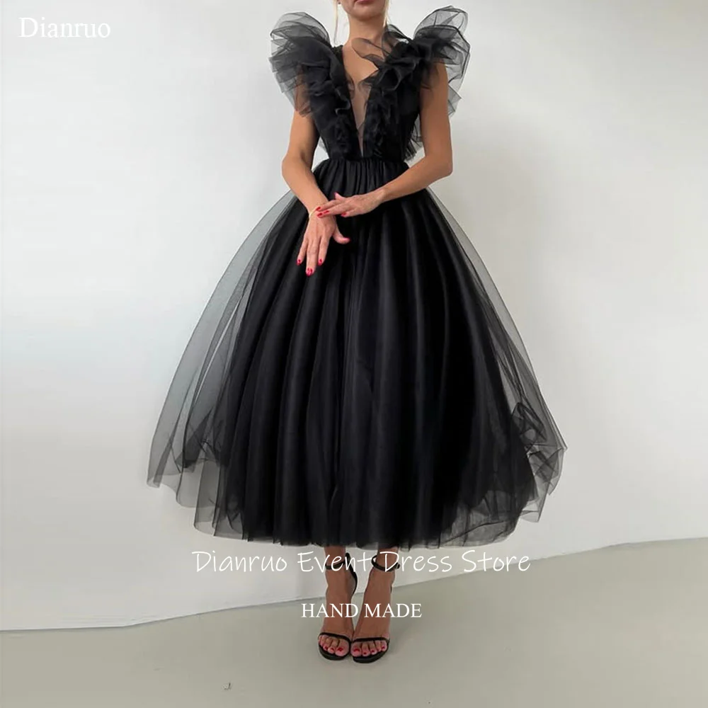 

Dianruo Fashion Black Evening Dresses Ankle Length Tulle V Neck Robe Soirées A Line Ruched Puffy Wedding Party Dress Customized