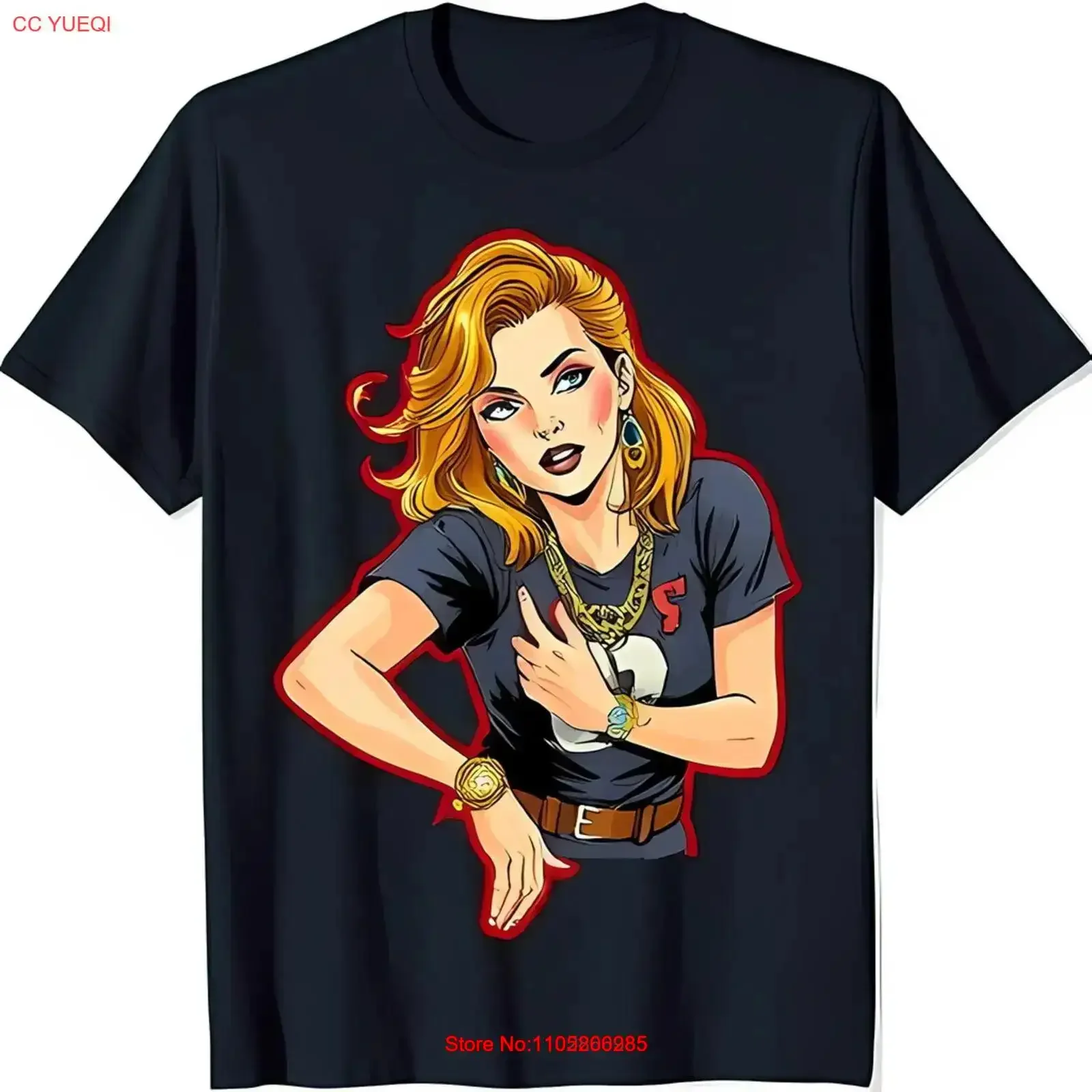 Bold Cartoon Glamorous Woman Black T Shirt Confident Alluring Design vintage Washed Unisex fashion Versatile Slightly