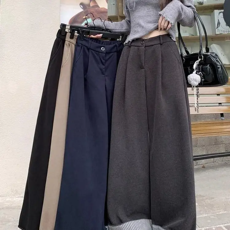 

Женские брюки-палаццо больших размеров с высокой талией, осенне-зимние, в корейском стиле, прямого кроя, в пол, модные