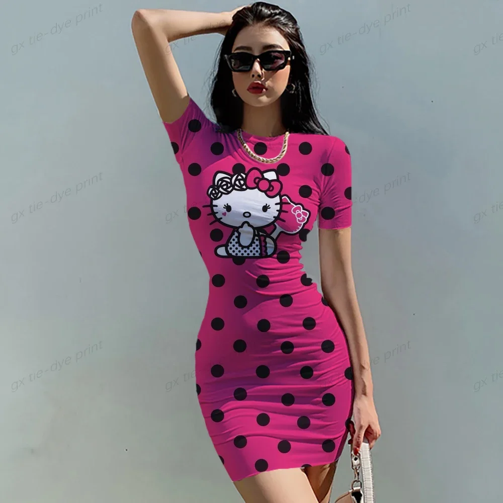 

Женское облегающее платье Hello Kitty, красное и розовое платье с коротким рукавом, элегантное облегающее мини-платье с лямкой на шее