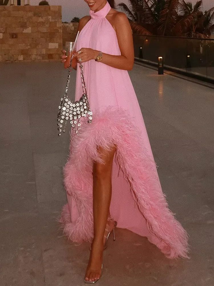 Multi Colored Feather Patchwork Women Evening Dress Sexy Halter Neck Hollow Irregular Long Dress Summer Elegant Bridesmaid Dress