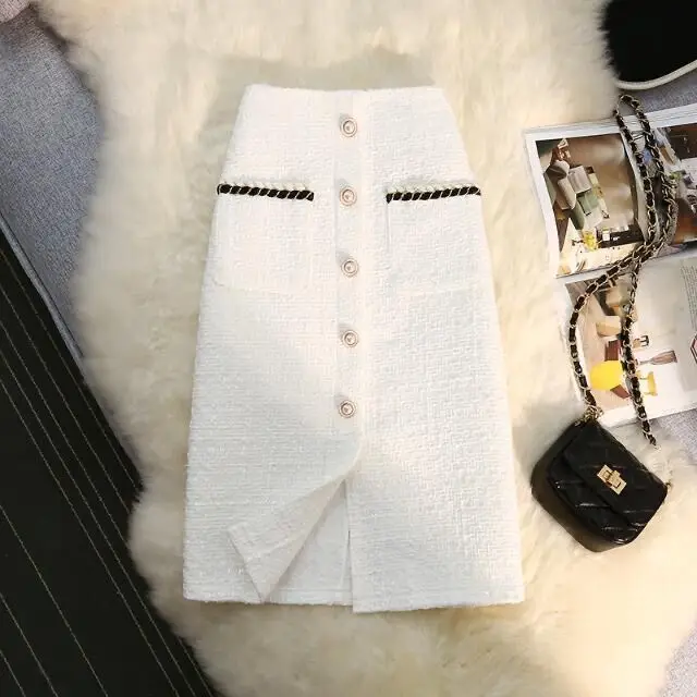 Autumn Winter Small Fragrant Shiny Silk Half Skirt for Women High Waisted Woolen A-line Wrapped Hip Split Mid Length Half Skirt