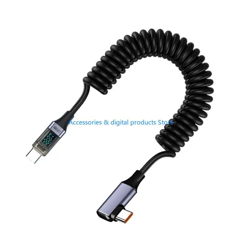 77JD Spring Coiled USB C Data Cable Charging Cord Support PD100W Quick Charging with Digital Display Stretchable 35cm~180cm